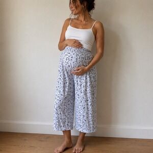 LAKE Bellflower Vines Maternity Pajama Pants Large Blue Floral Pima Cotton